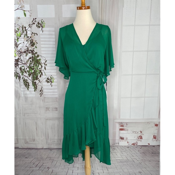 New Calvin Klein Dress 8 Chiffon Flutter Sleeve Green High-low Ruffle Faux Wrap - Picture 3 of 10